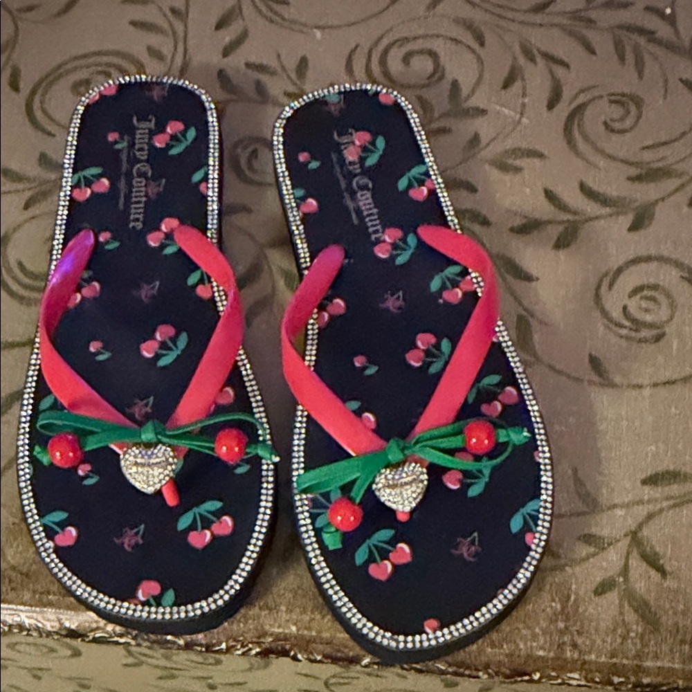 Juicy Couture Black Sandals with Red and Green Accents